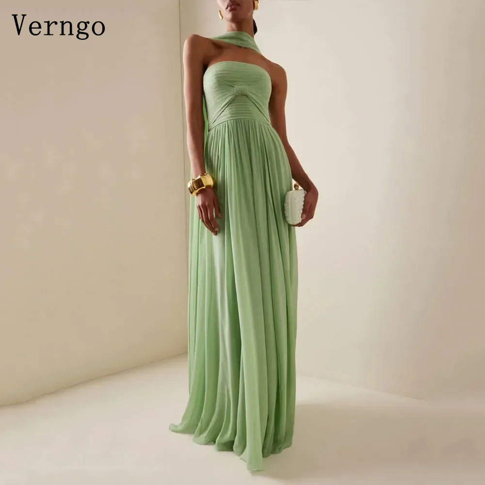 Verngo Green Chiffon Evening Dress Elegant Strapless A Line Prom Dress Flowing Hand-pleated Silk Prom Party Dress Customized