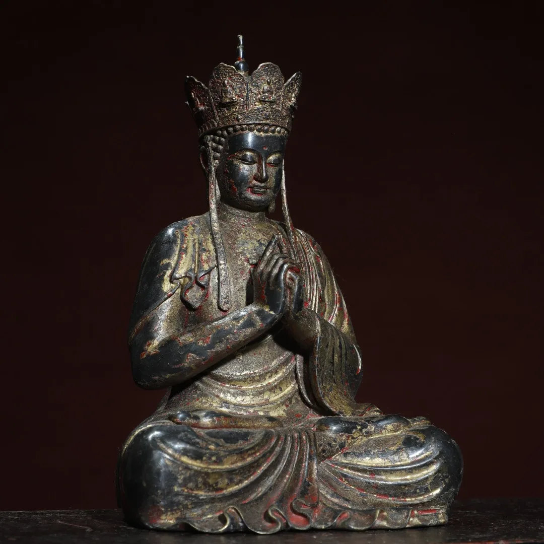 Home worship of religious Buddha statue, bronze and gold, statue of Ksitigarbha king Height 21cm, width 15cm, thickness 12cm,