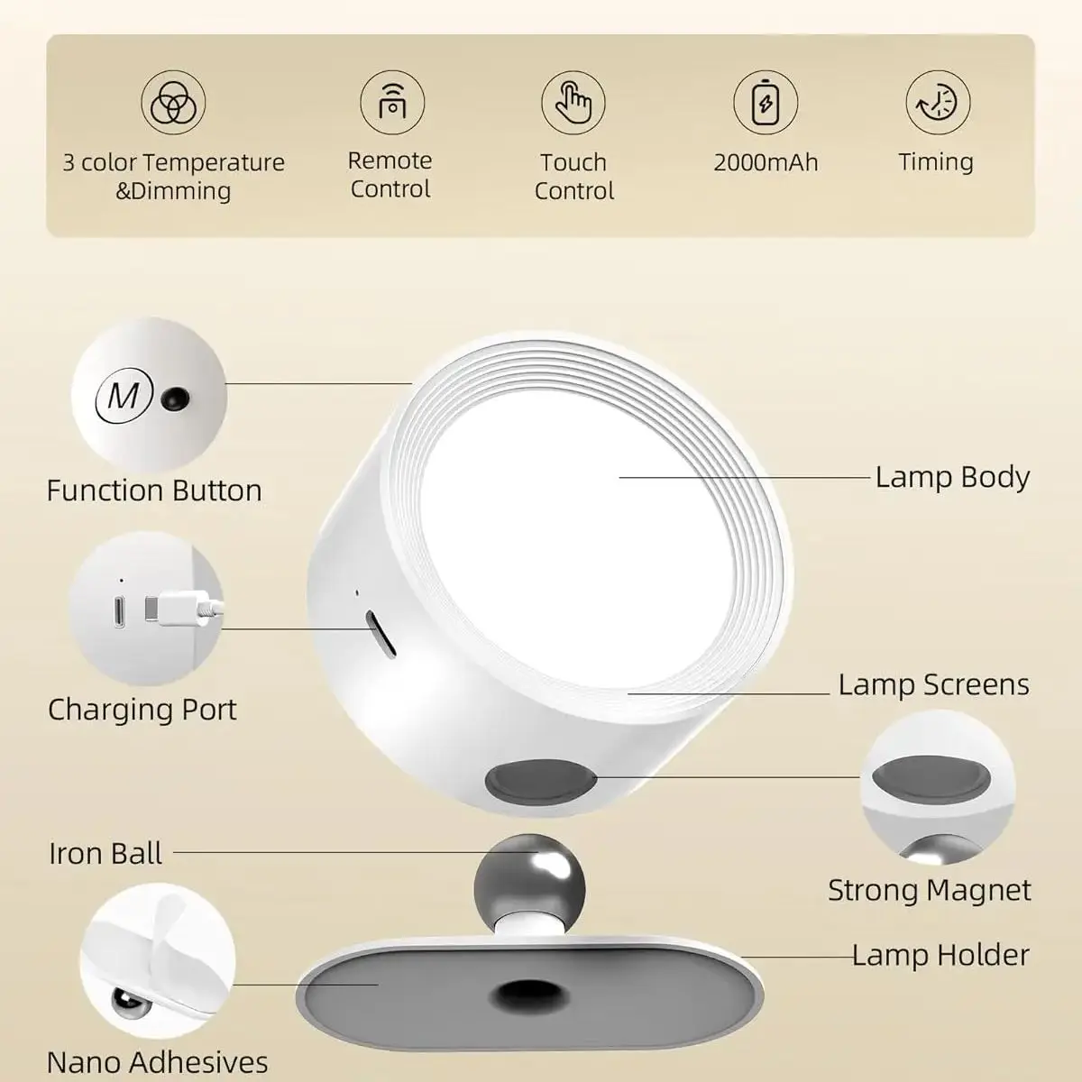 Magnetic LED Wall Light Night Dimmable Magnetic Picture Lights 360° Rotation Touch Remote Control Cabinet Spotlight Night Lamp