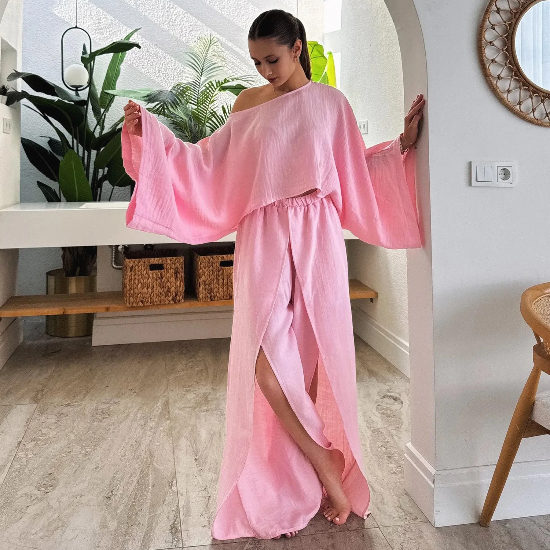 

Autumn Fashion Solid Cotton Linen Two Piece Set Women Sexy Sloping Collar Long Sleeved Top Long Pants Casual Two Piece Set