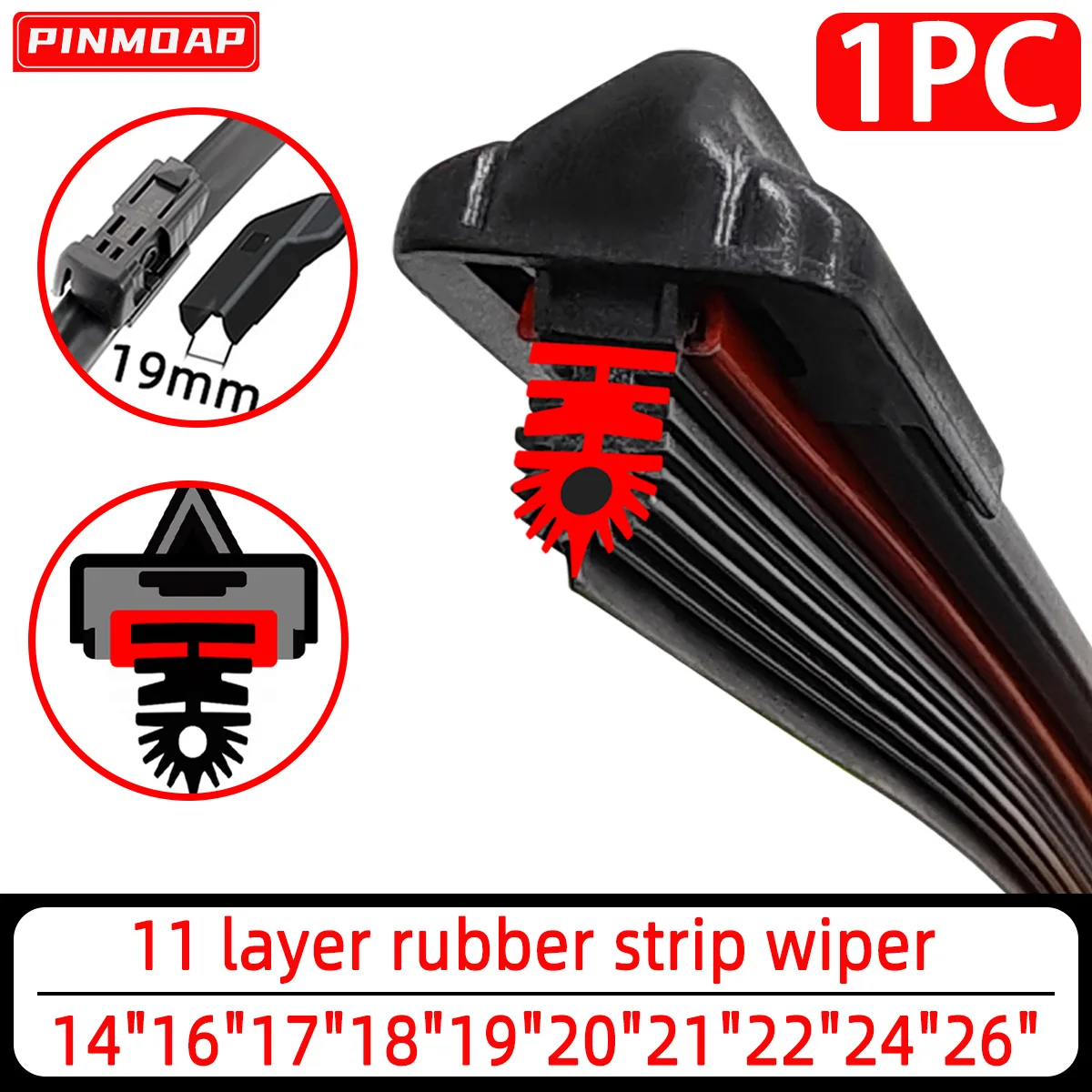 PINMOAP 11-Schicht Gummi-Wischerblatt 19mm Schnittstelle Scheibenwischer Geräuscharmer Autowischer 14"16"17"18"19"20"21"22"24"26"
