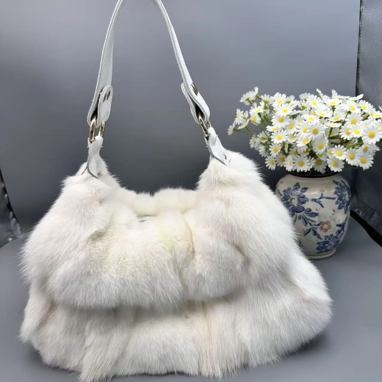 Genuine Fox Fur Women's Bag Large Capacity Soft Plush Tote Bag Versatile Handbag For Cross Portable Shopping Bag For Woman