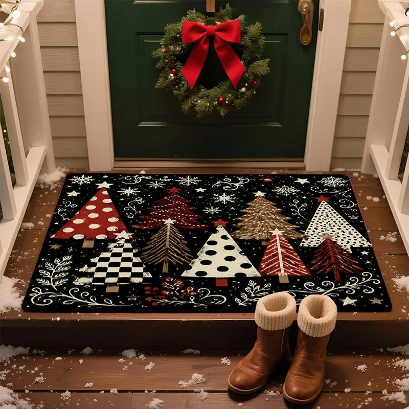 1pc Rectangular Welcome Rug with Christmas Tree and Snowflake Print, Decor Mat for Entryway, Bathroom, Kitchen, Camper