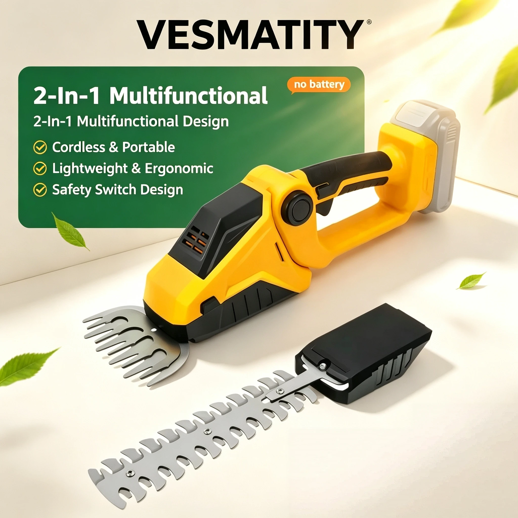 Vesmatity 2‑In‑1 Cordless Hedge Trimmer Grass Shear Brushless Handheld 90° Head for DeWALT Battery Garden Bush Pruning