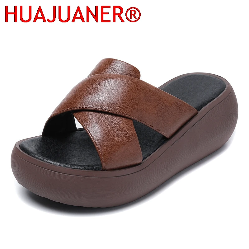 

HUAJUANER 2026 New 6cm Cow Genuine Leather Shoes Women Summer Platform Wedge Flats Comfy Hollow Peep Toe Sandals Loafer