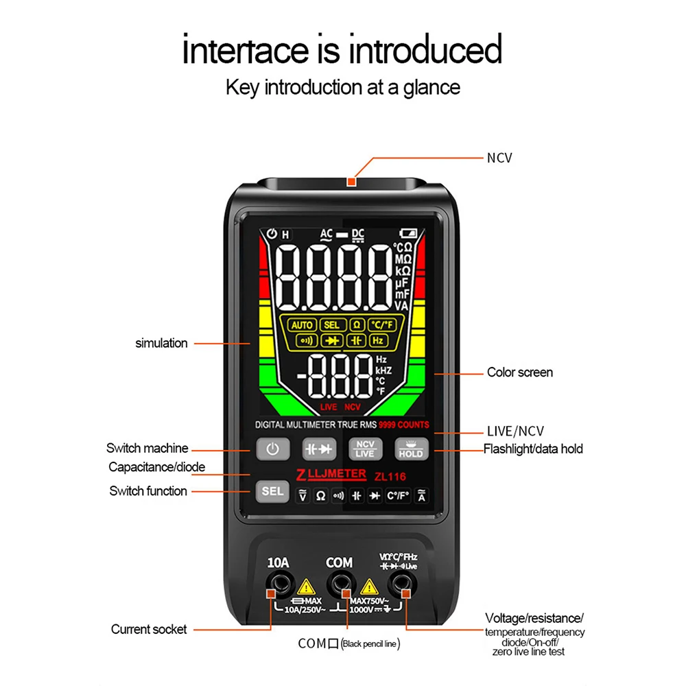 ZL16 Multimetr cyfrowy typu C USB Ładowanie dużego ekranu 9999 Liczy napięcie AC DC Auto Range Pojemność Temp Ohm Tester