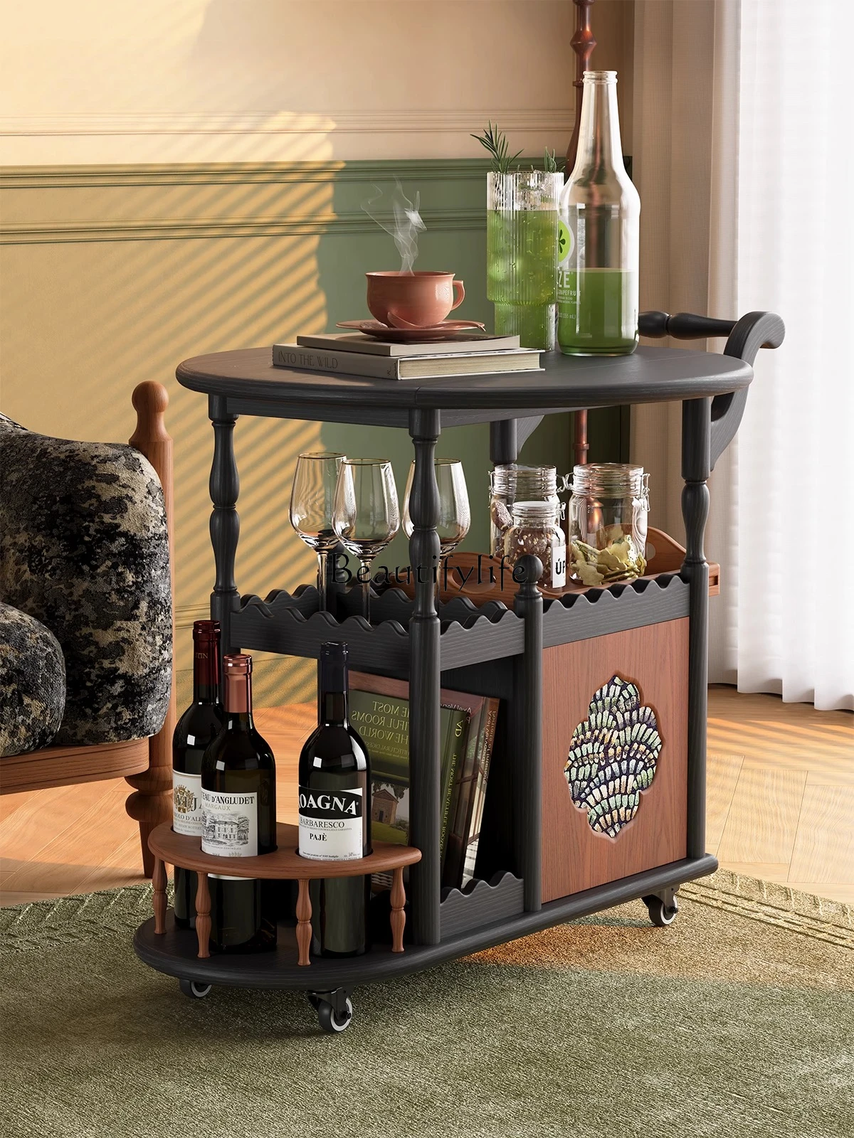 

French retro solid wood simple multi-functional mobile antique folding trolley
