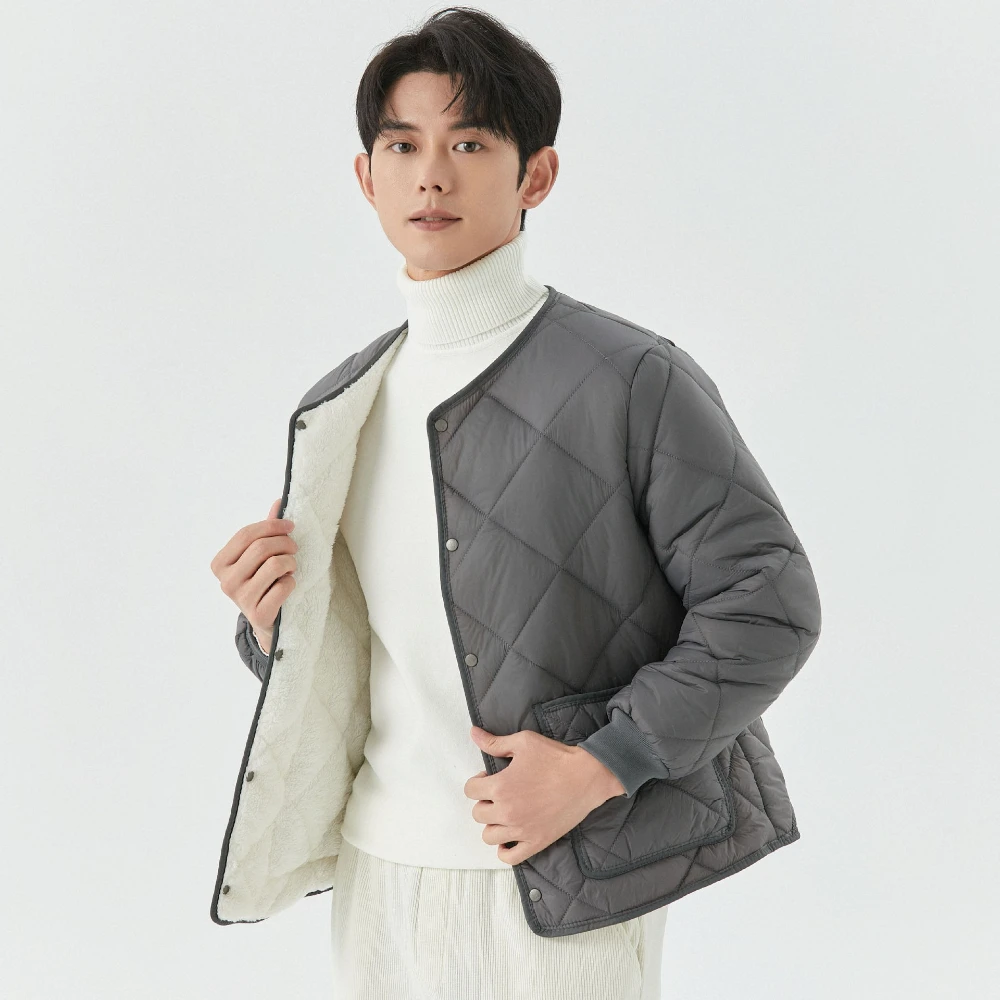Men's Winter Fleece-lined Cotton-padded Jacket Round Neck Button Windproof Thickened Coats Solid Color Loose Warm Jackets