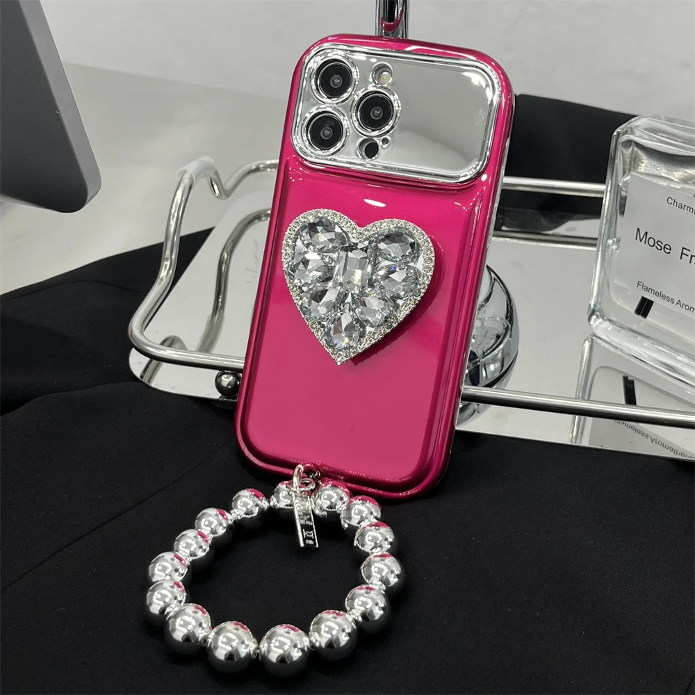 Korean Plating Hang Round Bracelet Large Window Phone Case For iPhone 13 Pro Max 14 Plus 12 11 Diamond Heart Mirror Holder Cover