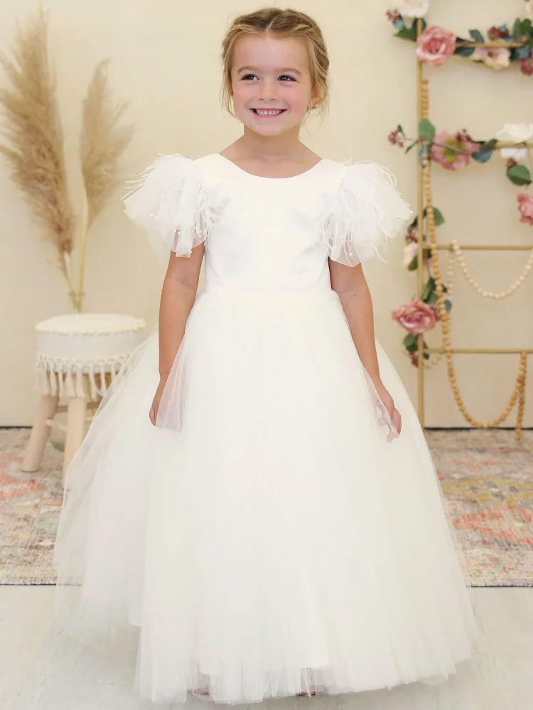 Flower Girl Dresses White Tulle With Bow Feather Short Sleeve For Wedding Birthday Party First Communion Gowns