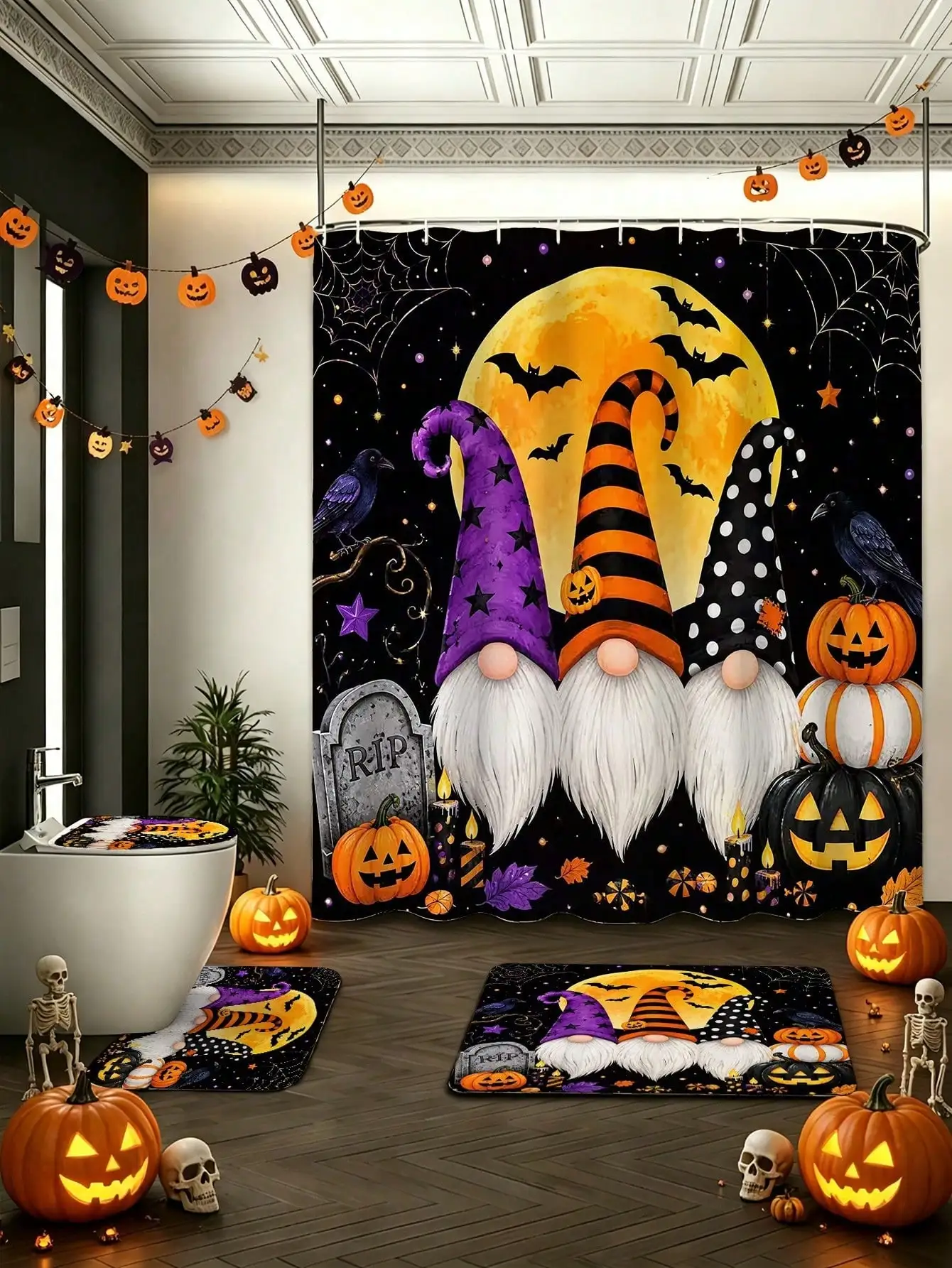 1/3/4pcs Fall Halloween Gnomes Raven Shower Curtain Set For Bathroom,Classic Bathroom Set,Bathroom Accesssories With 12 Hooks,Non-Slip Rug,Toilet Lid Cover U-Shaped Mat.Waterproof Polyester,Fits Home/Bedroom/Living Room,Halloween Decorations