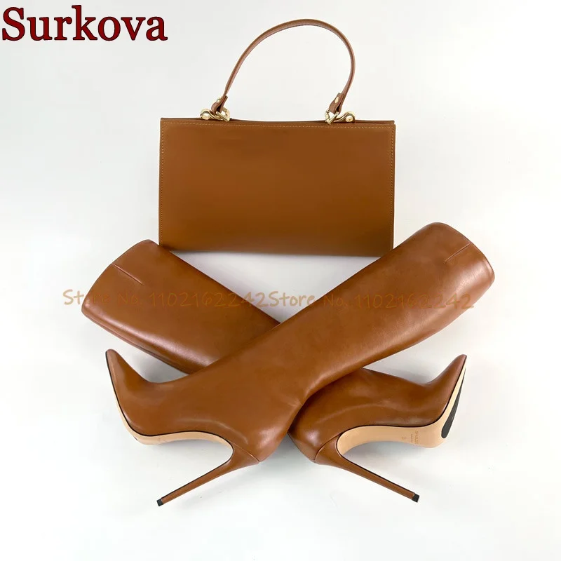 

Vintage Solid Color Genuine Leather Winter Boots Pointed High Heel Slip-On Knee-High Boots Sexy Fashion Party Dress Women Boots