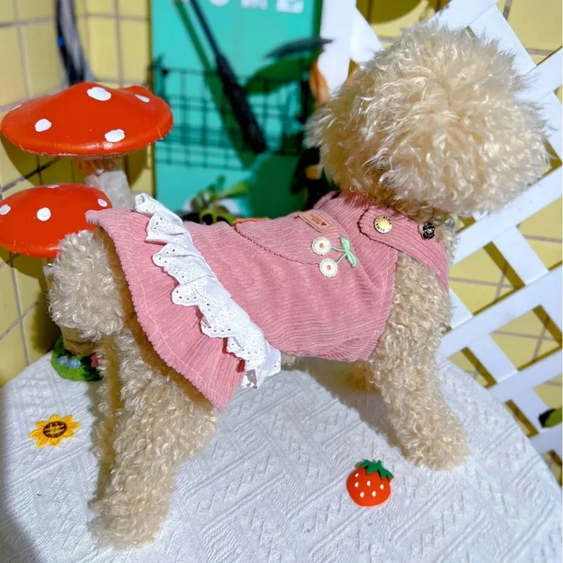 Cute Winter Pet Strap Skirt Cherry Thickened Corduroy Cat Dog Dresses For Small Dog Clothes Puppy Poodle Teddy Puppy Clothing