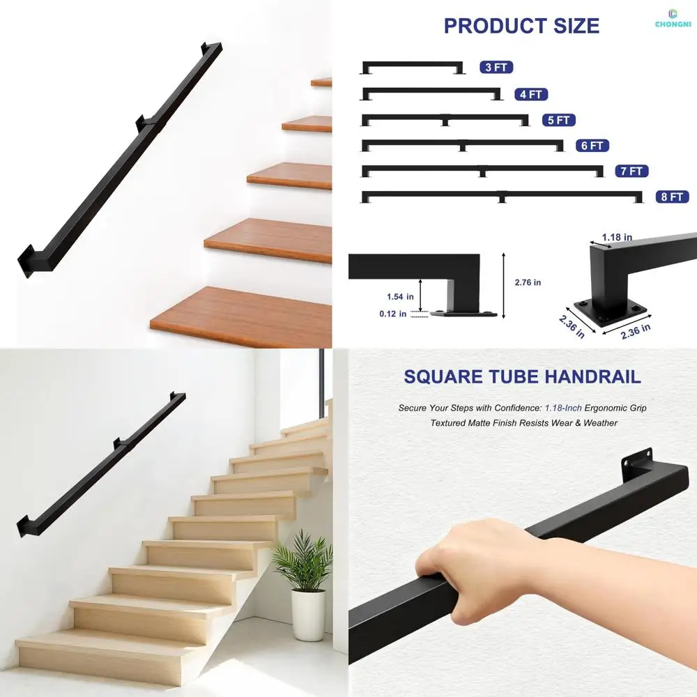 درابزين سلالم داخلي، درابزين أنبوبي مربع أسود غير لامع، سعة 500 رطل، مثبت على الحائط، ميزة أمان صناعية غير قابلة للانزلاق #1