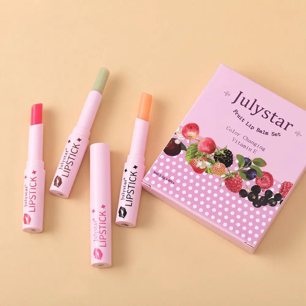 4 Stück feuchtigkeitsspendender, fruchtiger, farbwechselnder Lippenstift mit Vitamin E, langanhaltender Lippenbalsam, feuchtigkeitsspendende Textur, getönter Lipgloss