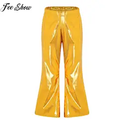 Mid Waist Flared Pants Elastic Waistband Metallic Shiny Bell-Bottomed Pants Trousers for Kids Boys Girls Dance Stage Performance