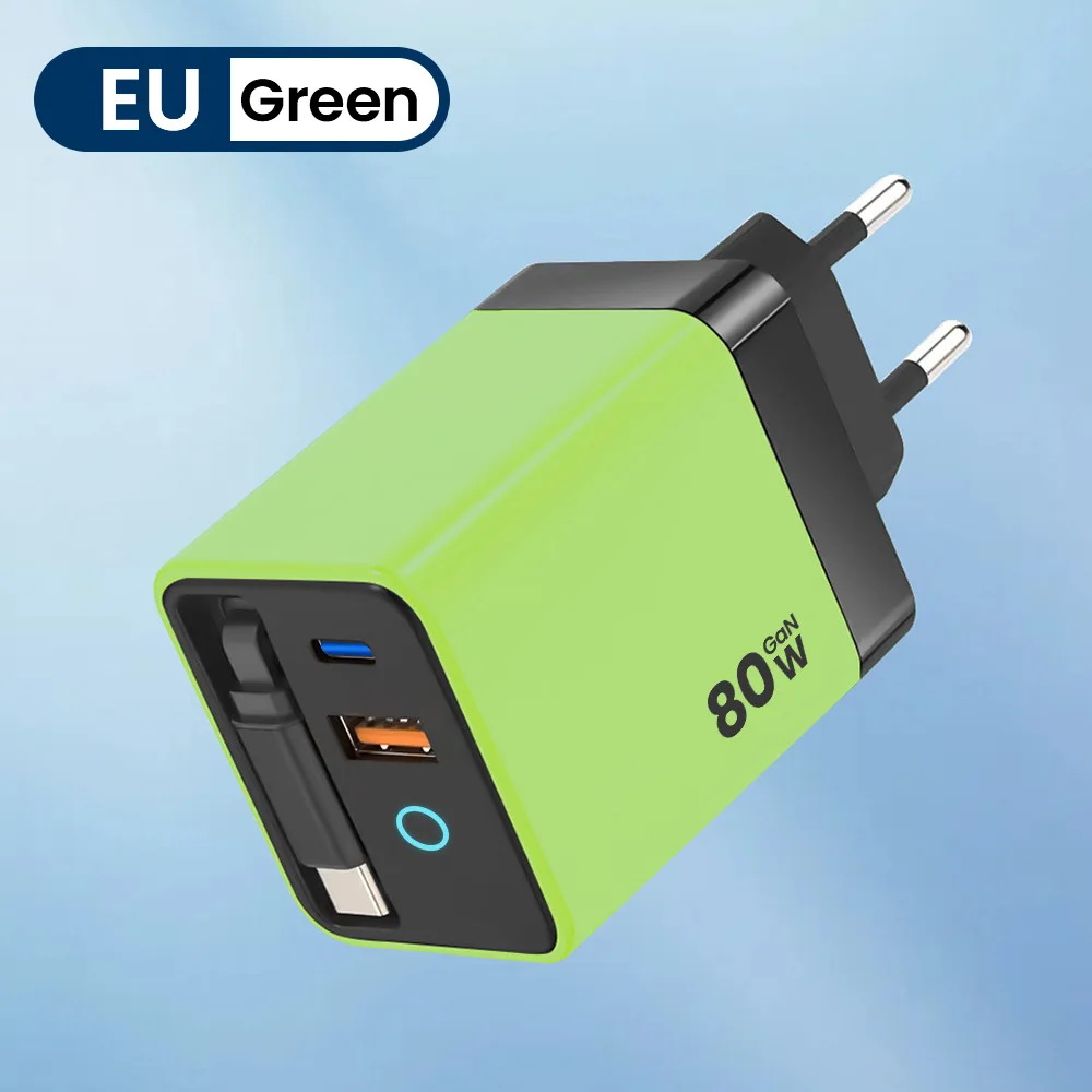 GAN Charger PD 80W Fast Charging Head With Retractable Type-C Cable Portable EU/US/UK Plug For Huawei Phone Samsung Xiaomi - náhled 6