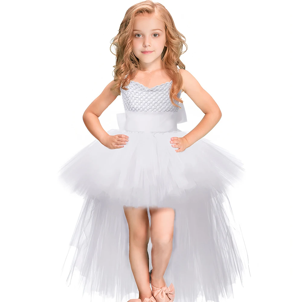Pink White Black Girls Tutu Dress Tulle V-neck Train Girl Evening Birthday Party Dress Ball Gown Toddler Kids Halloween Costumes