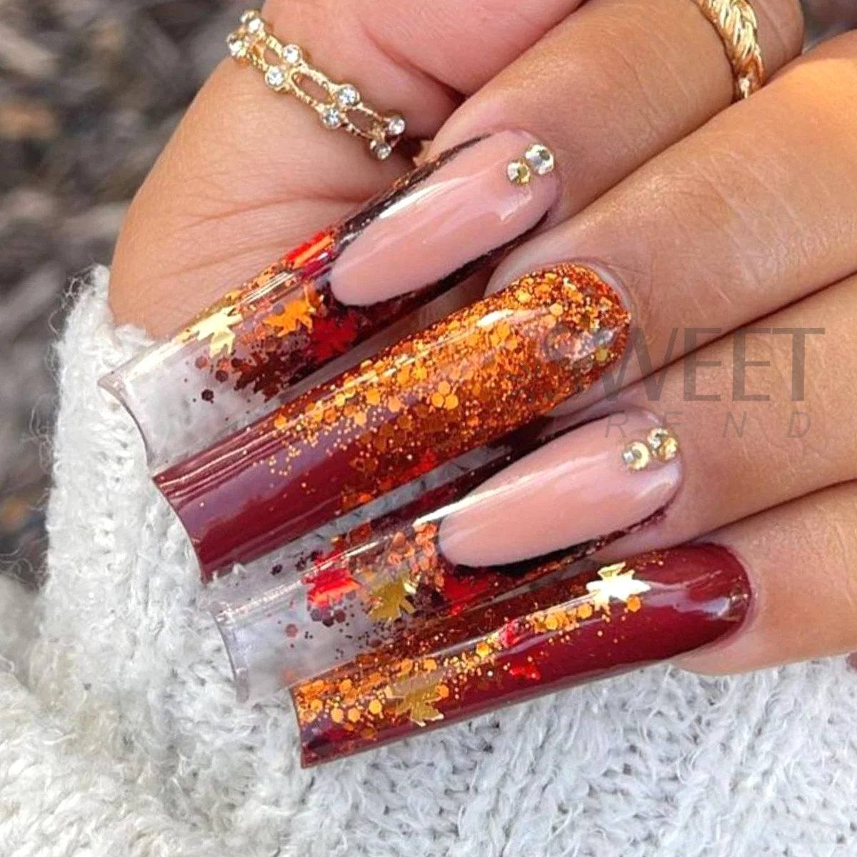 6칸 골든 가을 네일 글리터 슬라이스 단풍잎 육각형 모양 장식 스팽글 DIY 가을 겨울 반짝이는 매니큐어 액세서리