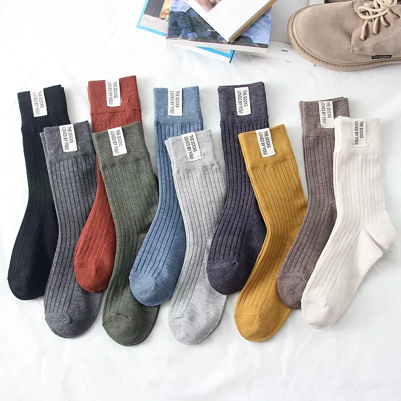 Fashion Cotton Knitted Women's Socks Solid Harajuku Vintage Streetwear Long Sock Japan Style Kawaii Cute Crew Sock Autumn Winter