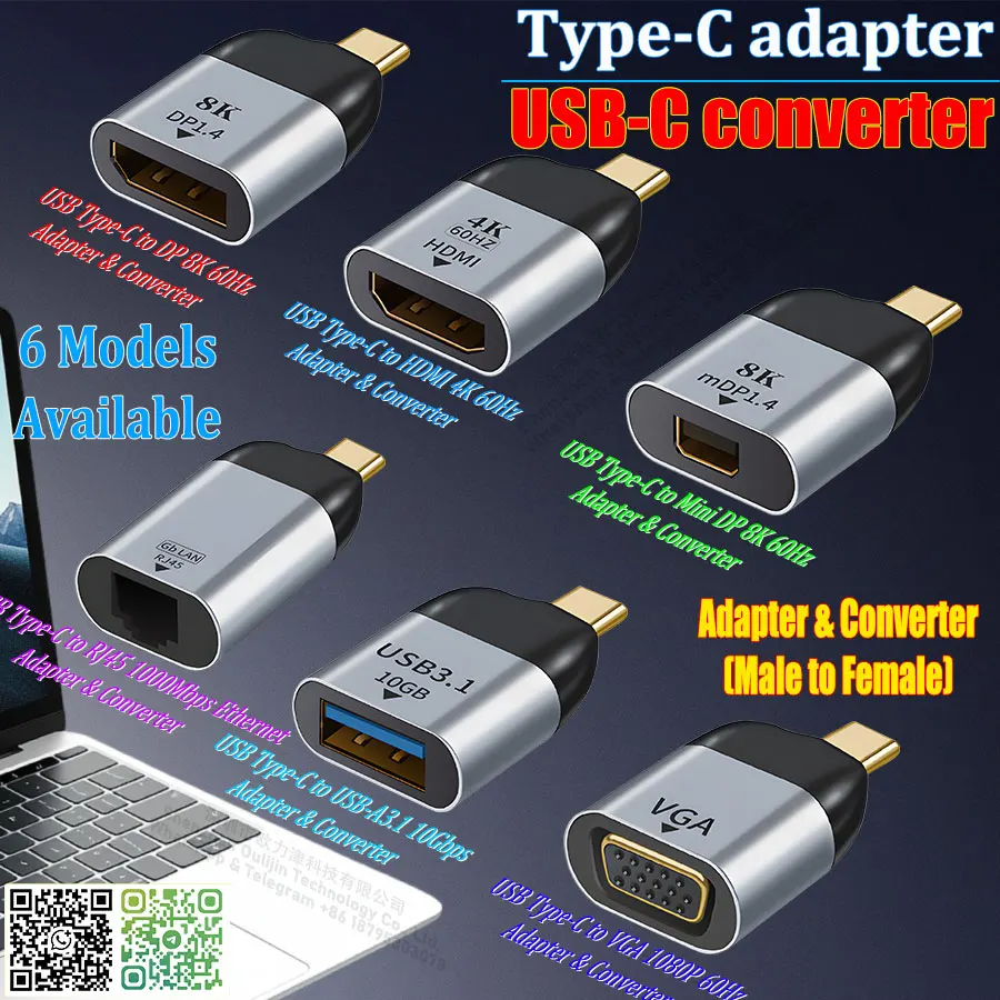 Adaptador conversor USB-C para HDMI 4K/8K, Mini DP/DisplayPort e VGA, Tipo C para RJ45/USB 3.1 para computadores portáteis MacBook, Lenovo, Dell, HP e Huawei.