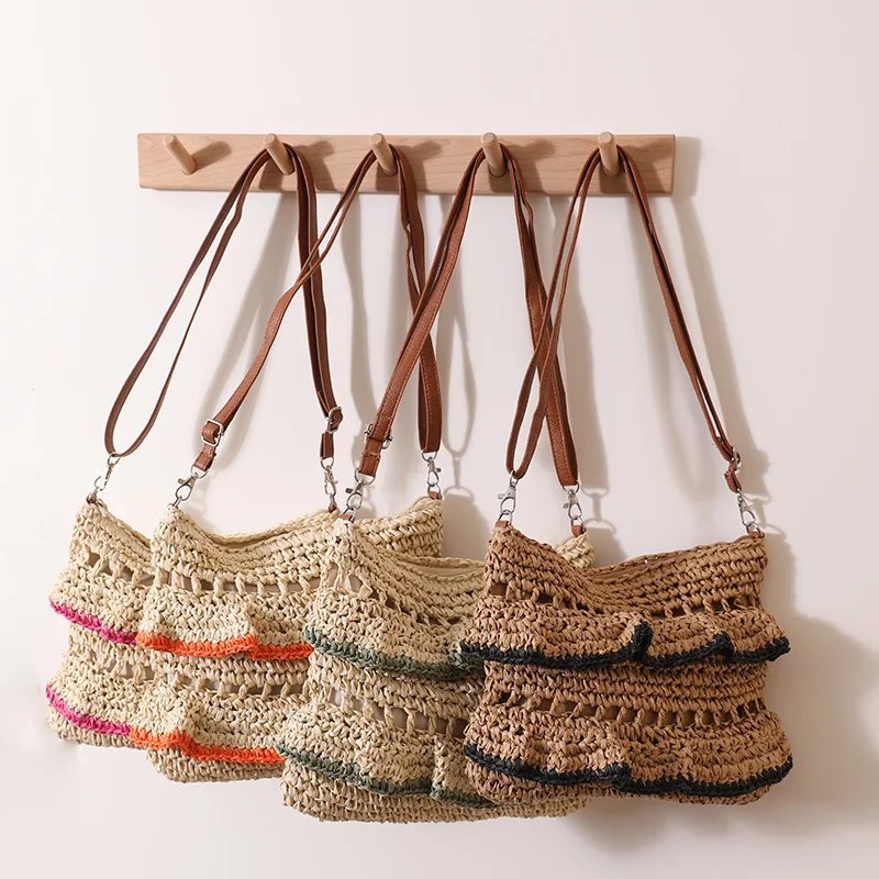 Fashion Summer Beach Vacation Falbala Handbags For Women Casual Straw Woven Small Crossbody Bags Ladies Shoulder Messenger Bags