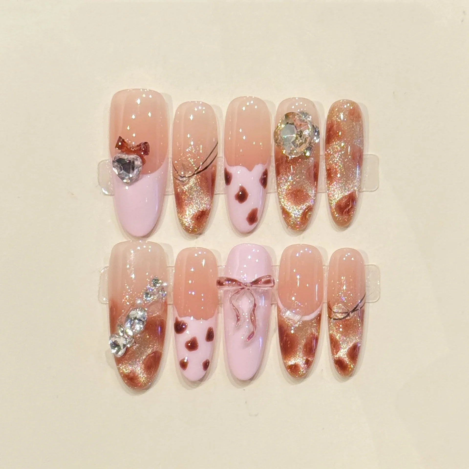 

10pcs Leopard Print Pink Nails Set Press on French Long Oval Handmade Fake Nails Tips Bow Diamond Design False Nail Art Wearable