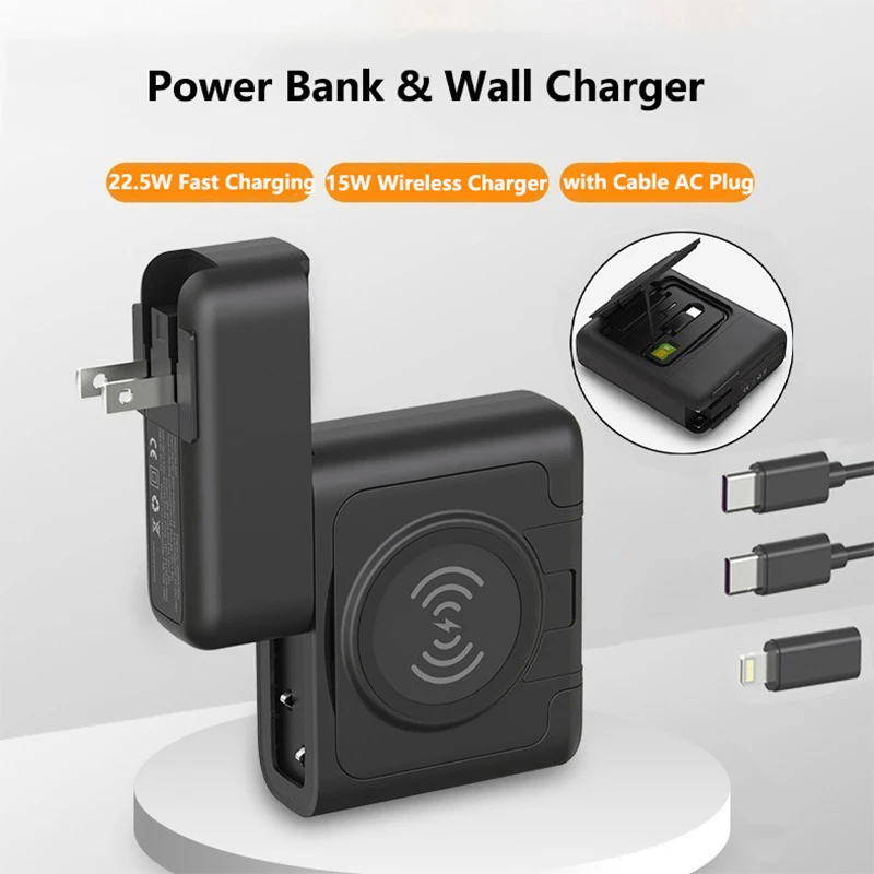 

5 in 1 Wireless Power Bank 22.5W Fast Charging Powerbank with Cable Plug Wall Charger for iPhone Huawei Xiaomi Samsung Poverbank