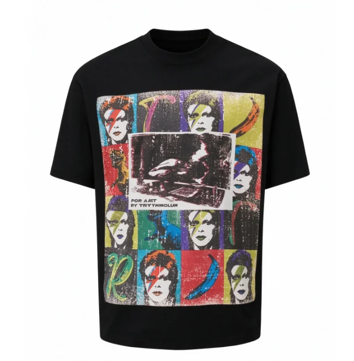 2026 new Vintage Pop Art Collage Music Portrait Grid Graphic T Shirt Unisex Black Short Sleeve Streetwear Casual Loose Daily Top