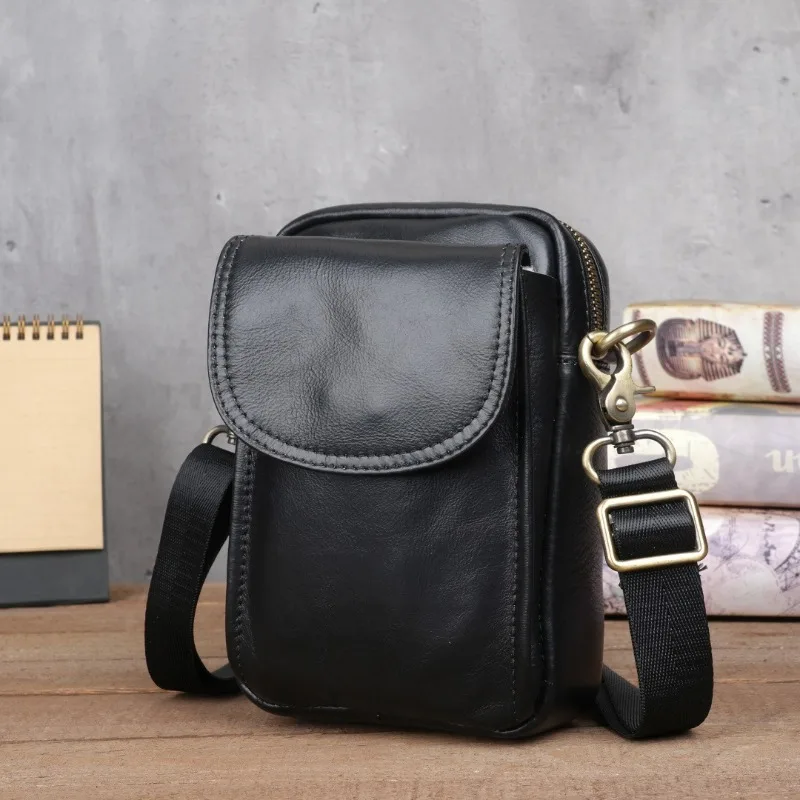 Genuine Cowhide Leather Crossbody Bag for Men,Vintage Flap Shoulder Bag with Adjustable Strap,Small Messenger Bag for Cell Phone
