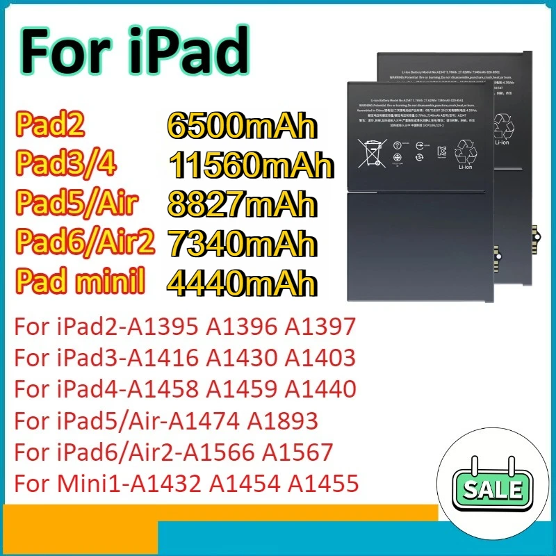 

Tablet Battery For iPad2-A1395 A1396 A1397 iPad3-A1416 A1430 A1403 iPad4-A1458 A1459 iPad5/Airi Pad6/Air2-A1566 A1567 Mini1