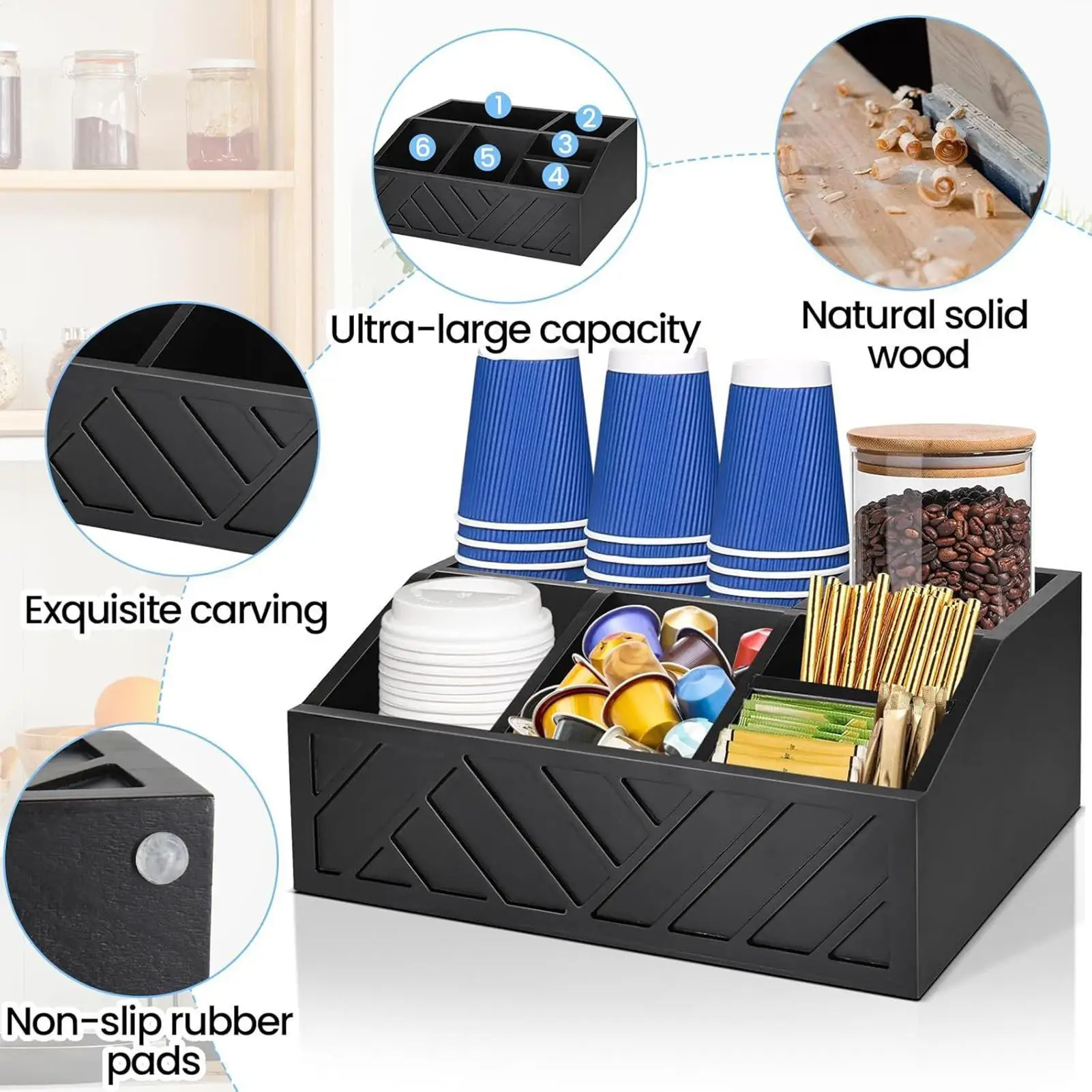 

Coffee Station Organizer Wood Stirrer Countertop Organizer Divided Storage Box Coffee Bar Accessories for Restaurant Dormitory