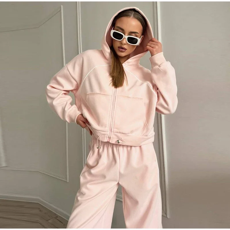 Damen-Hosen 2-teiliges Set: Kapuzenjacke mit langen Ärmeln und Reißverschluss, elastische Taille, weit geschnittene Hose, schicke Damen-Sportbekleidung, neues Herbst-Outfit. – Detail 1