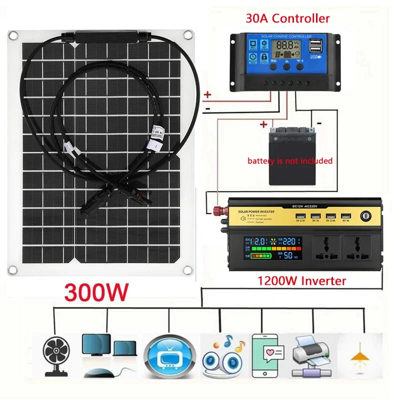 

Solar Power System 12V to 220V 1200W Inverter Kit 300W Solars Panel Battery Charger with 30A Controller Home Grid Camp Phone PAD