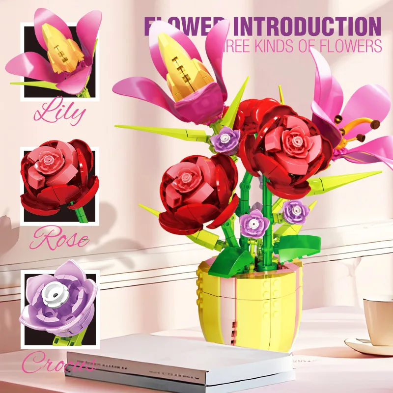 Building blocks, lilies, roses, small particle assembly, girls' plant potted plants, desktop ornaments, toys, gifts