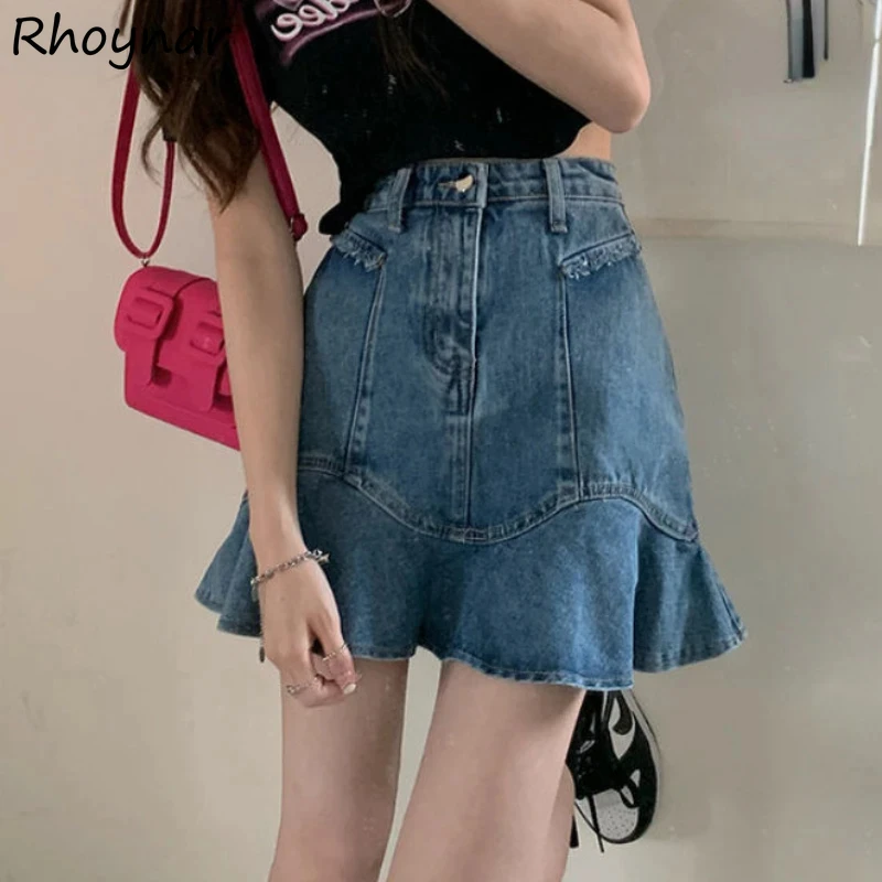 

Denim Skirts Women Summer New High Waist Stylish Korean Style Leisure All-match Hotsweet Simple A-line Design Graceful Daily Ins