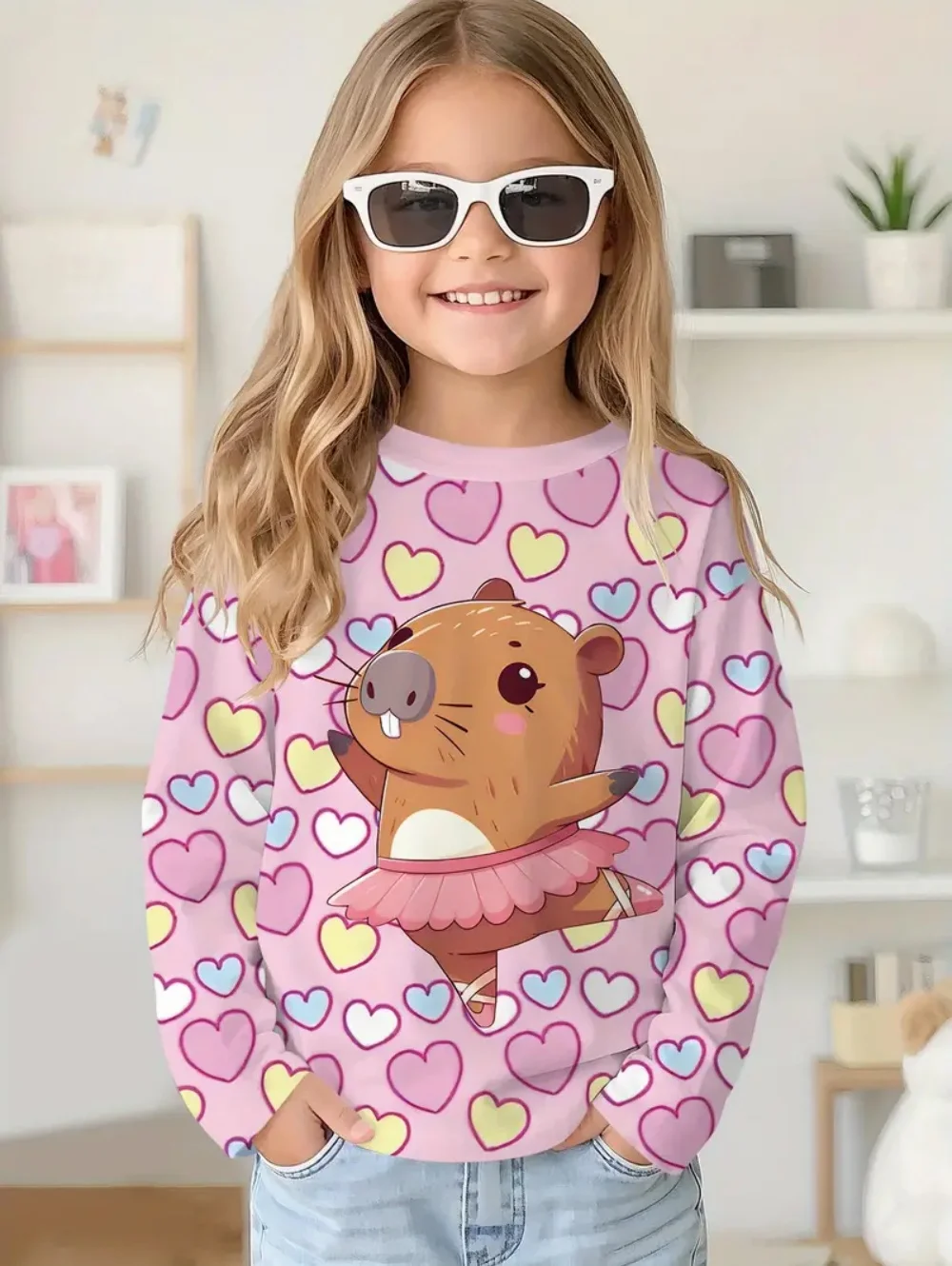 Capybara T-Shirts Children Cartoon Graphic Tee Harajuku Girl Tops Japanese Fashion Cute Animals Long Sleeves Children's Clothing