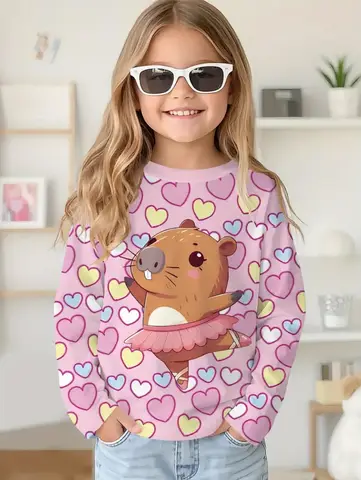 Capybara T-shirt Bambini Cartoon Graphic Tee Harajuku Girl Tops Moda giapponese Simpatici animali Maniche lunghe Abbigliamento per bambini