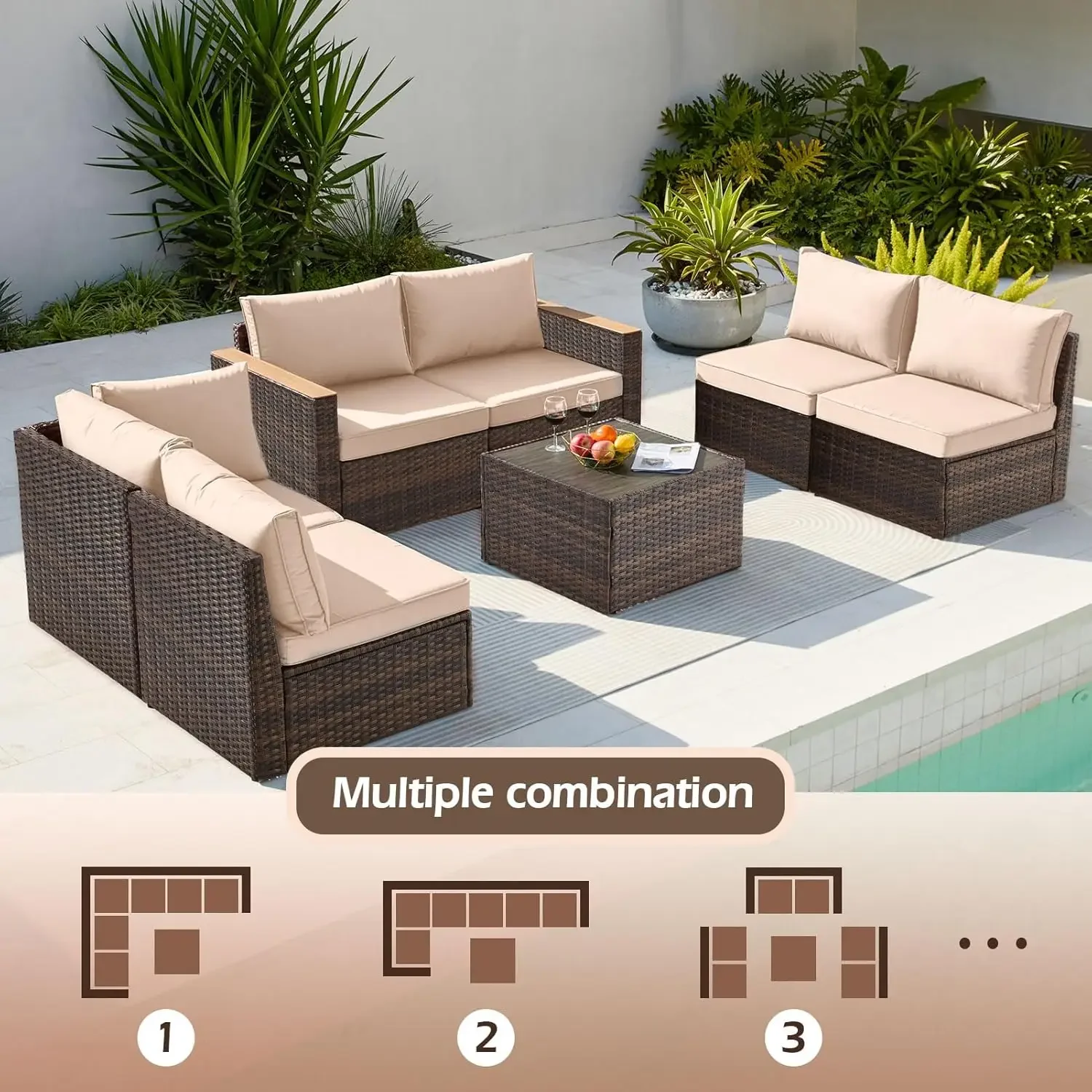 Exklusives, schnell zu installierendes Terrassenmöbel-Set, 7-teilig, Terrassenmöbel für den Außenbereich, langlebige Outdoor-Couch aus Korbgeflecht, Terrassen-Sofagarnitur