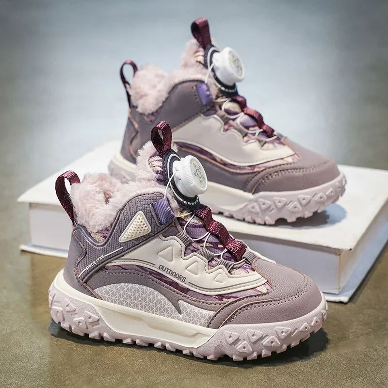 2026 Kids Winter Plush Shoes Girls High Top Rotating Button Sports Outdoor Sneakers Warm Non-Slip Boys Cotton Shoes