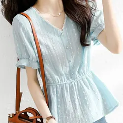 Women's Clothing Commute Waist Shirt Fashion Lace Spliced 2024 Summer Basic Short Sleeve Casual Slim Pearl Elegant V-Neck Blouse