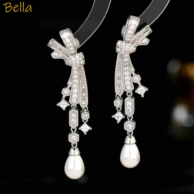 

Cute Bowknot Earrings for Women Zircon Small Pearl Drop Earrings Dinner Party Jewelry Gift Female Drop Shipping