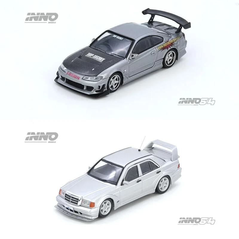 

INNO 1:64 TOP SECRET SILVIA (S15)/190E Silver Alloy Vehicle Collectible Car Model