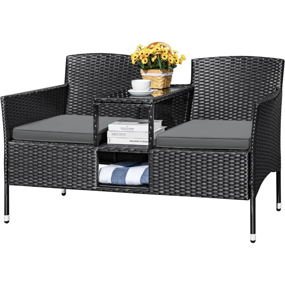 

Modern Rattan Loveseat - 2-Seat Outdoor Patio Set w/ Cushions & Built-in Coffee Table, Porch Conversation