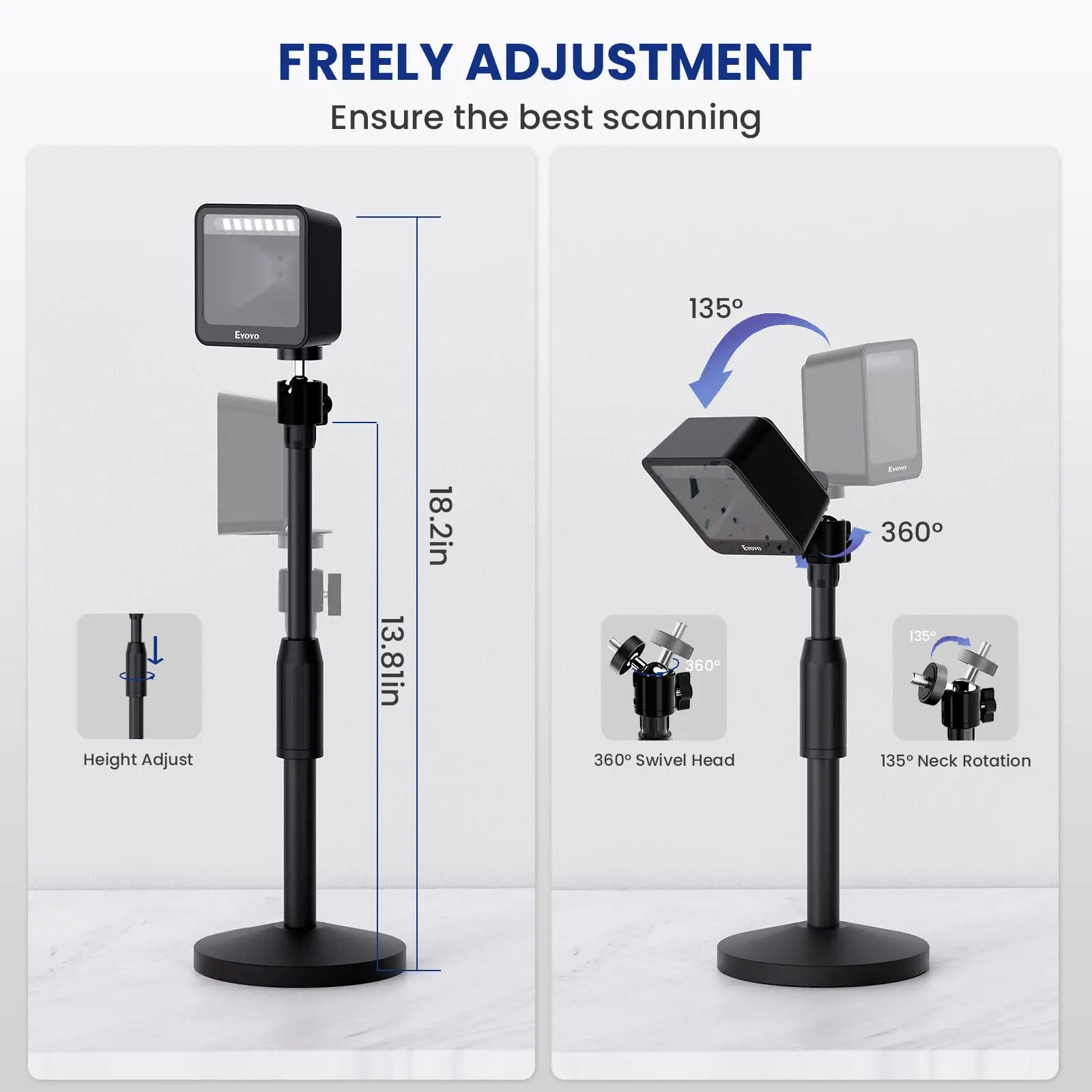 Eyoyo EY-035 Omni-Directional Presentation 1D/2D Desktop Barcode Scanner Automatic Sensing Scanning with Height Adjustable Stand