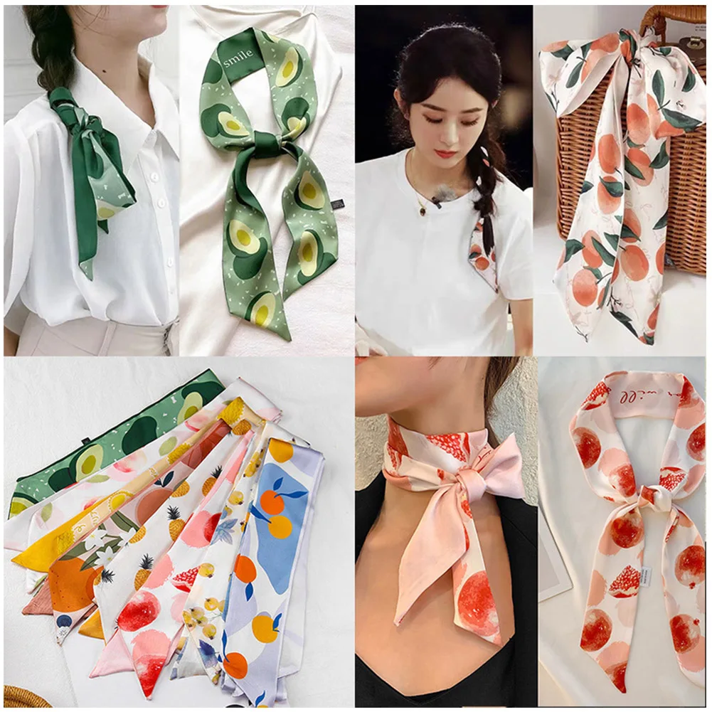 2024 Fashion Summer Small Hair Scarves Band Female Silk Skinny Scarf Handkerchief Ribbon Ladies Print Headband Women