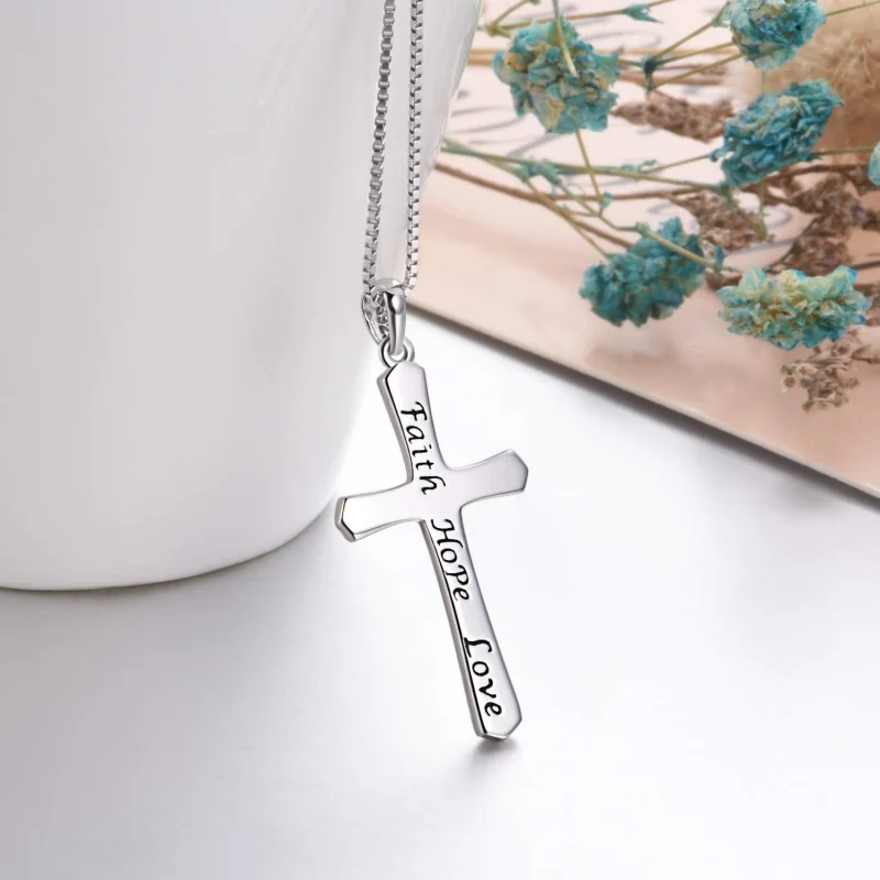 

925 Sterling Silver Cross Necklace - Engraved Faith Hope Love Unisex Christmas Gift for Women
