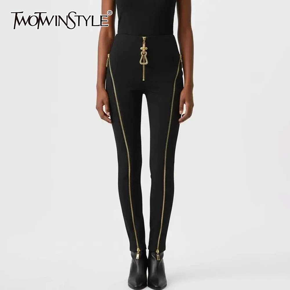

TWOTWINSTYLE Black Spliced Zippers Trousers Female High Waist Slimming Streetwear Basics Women's Pencil Pants Autumn New Fashion