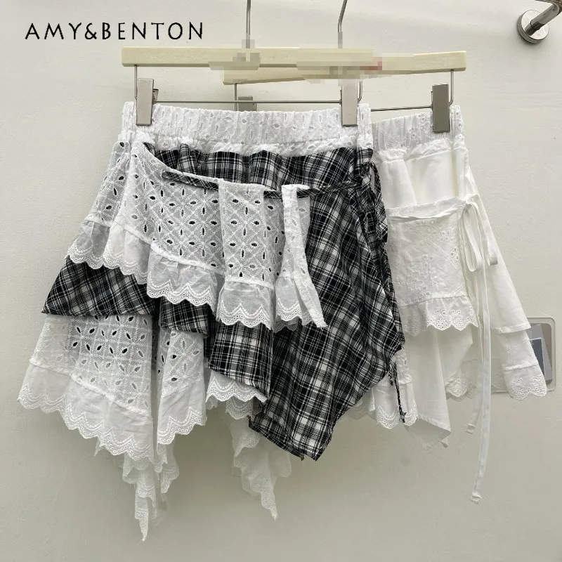 

Summer New Hot Girl Lace Spliced Plaid Half Skirt Irregular Puff Skirt Fashion Casual High Waist Slim A Line Short Skirts Ladies