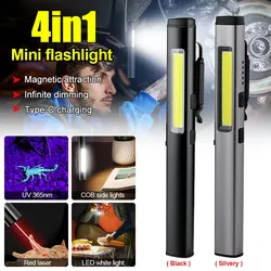 Multifunctional 4 in 1 365NM UV Flashlight Mini USB Rechargeable Pen Clip Flashlight Purple Light Money Inspection COB Work Lamp